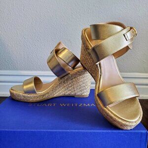 STUART WEITZMAN Gold Leather Lexia Wedge Espadrille Sandals US 5.5 / EU 36
